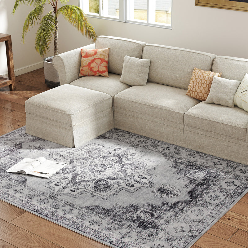 Large Vintage Flannel Area Rug Non Slip Washable Carpet for Living Room or Bedroom Grey