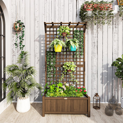 Wooden Raised Garden Bed With Trellis For Climbing Plants And Vegetables, Brown