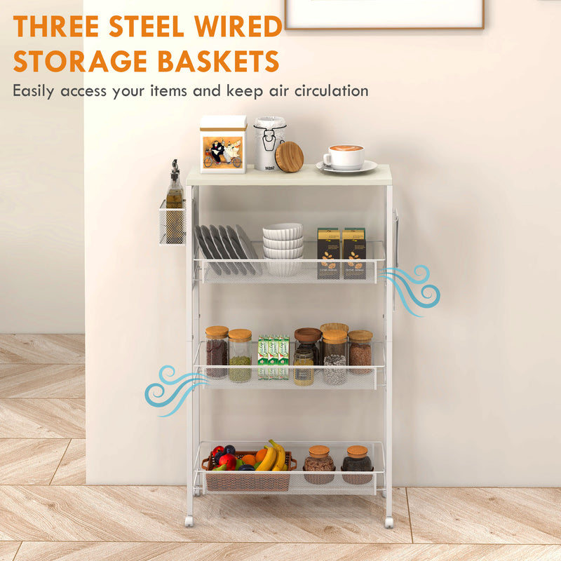 3 Tier Kitchen Trolley with Steel Wire Storage Baskets Ideal for Food Prep White AOSOM