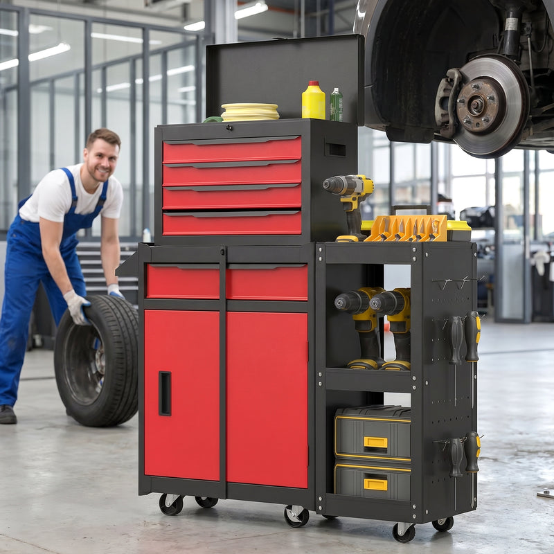 Rolling Tool Chest With Lockable Drawers and Slim Design for Small Garages Black Red
