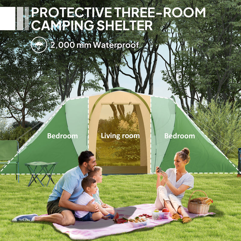 3 Room Family Camping Tent with Separate Bedrooms and Living Area for Group Trips Green and White