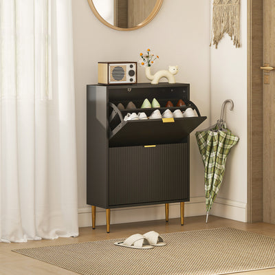 Slim Shoe Storage Cabinet with 2 Flip Drawers for Hallway or Entryway Black