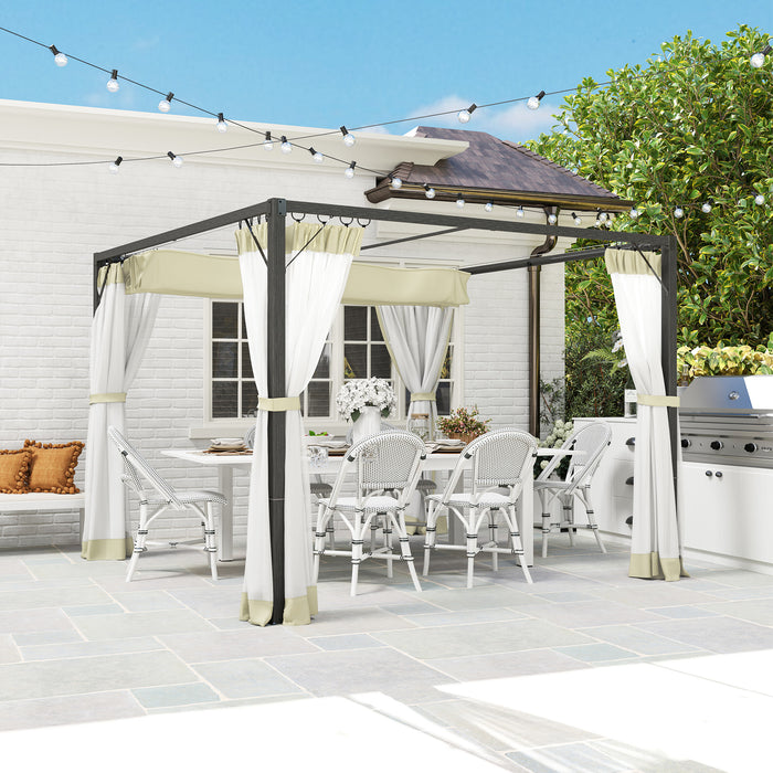 3 x 3m Aluminium Retractable Pergola with Khaki Roof and Curtains by Outsunny