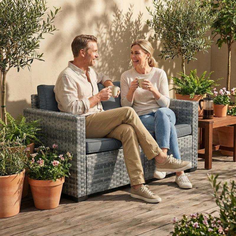 2 Seater Rattan Garden Sofa with Cushions for Outdoor Relaxing, Mixed Grey