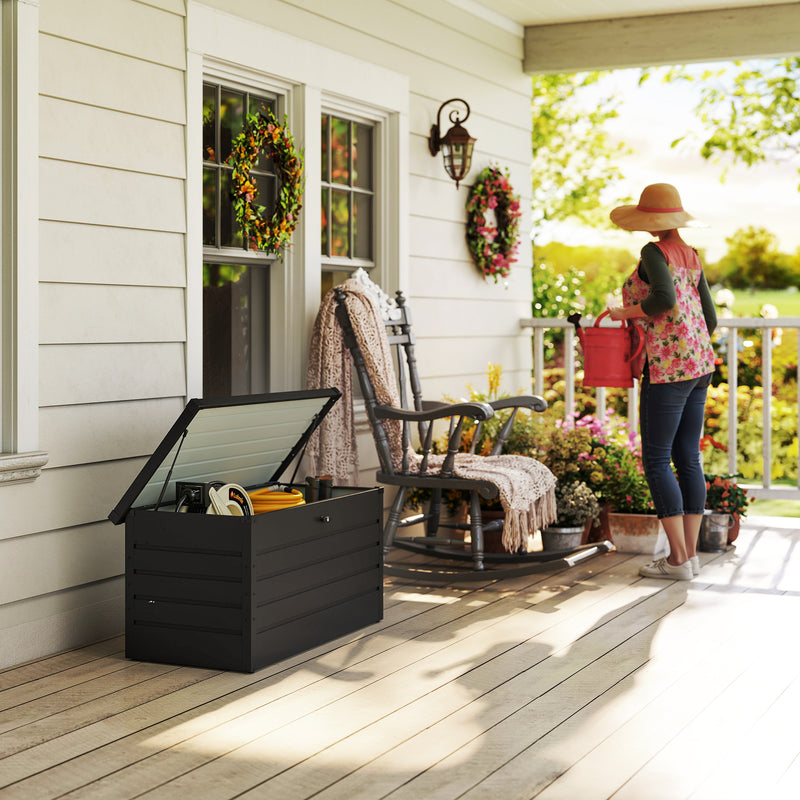 Large Metal Garden Storage Box With Lockable Lid For Patio Or Shed, 311L Capacity Dark Grey