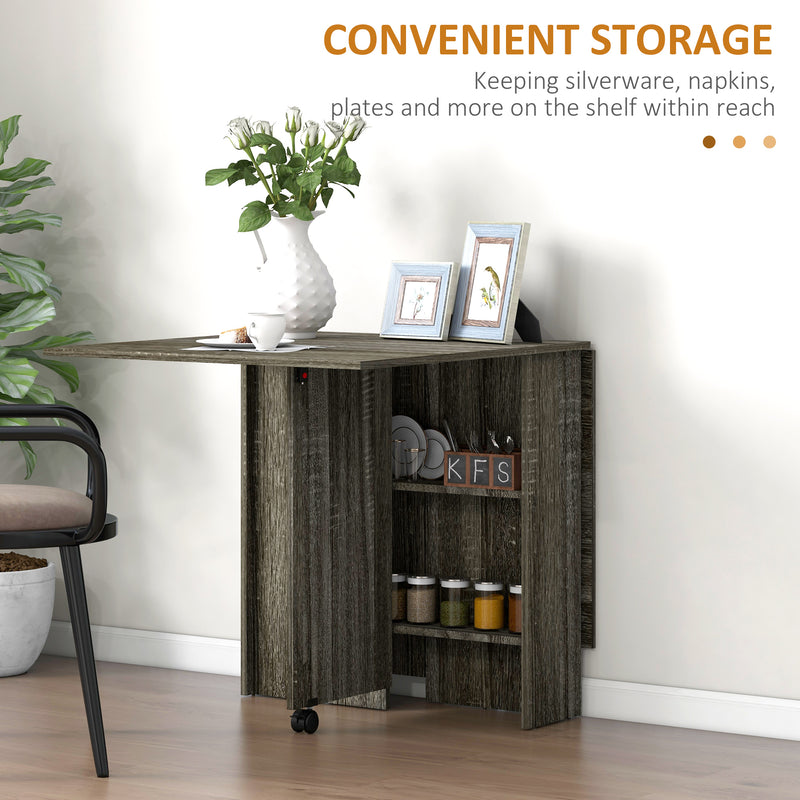Folding Drop Leaf Dining Table with Storage Shelves and Wheels for Small Spaces, Grey