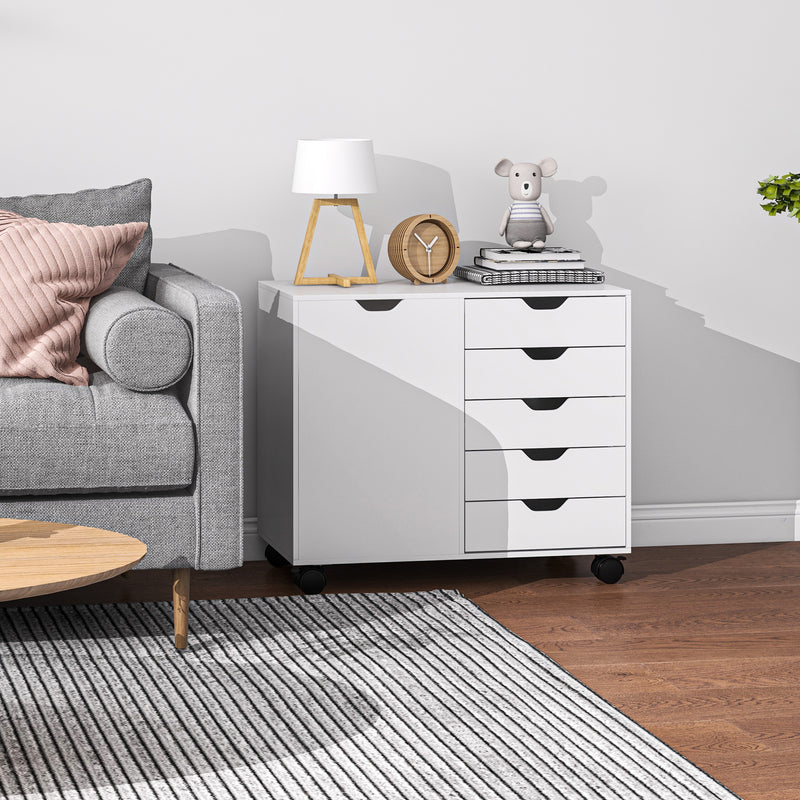 Mobile Office Storage Cabinet With Drawers And Shelves On Wheels, White