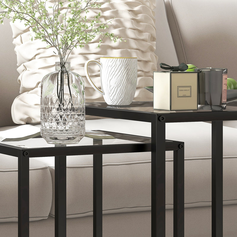 Set of 2 Black Nesting Tables with Tempered Glass Top and Steel Frame for Living Room by HOMCOM