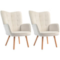 Set of 2 Velvet Wingback Armchairs with Wood Legs for Lounge or Living Room Cream White AOSOM
