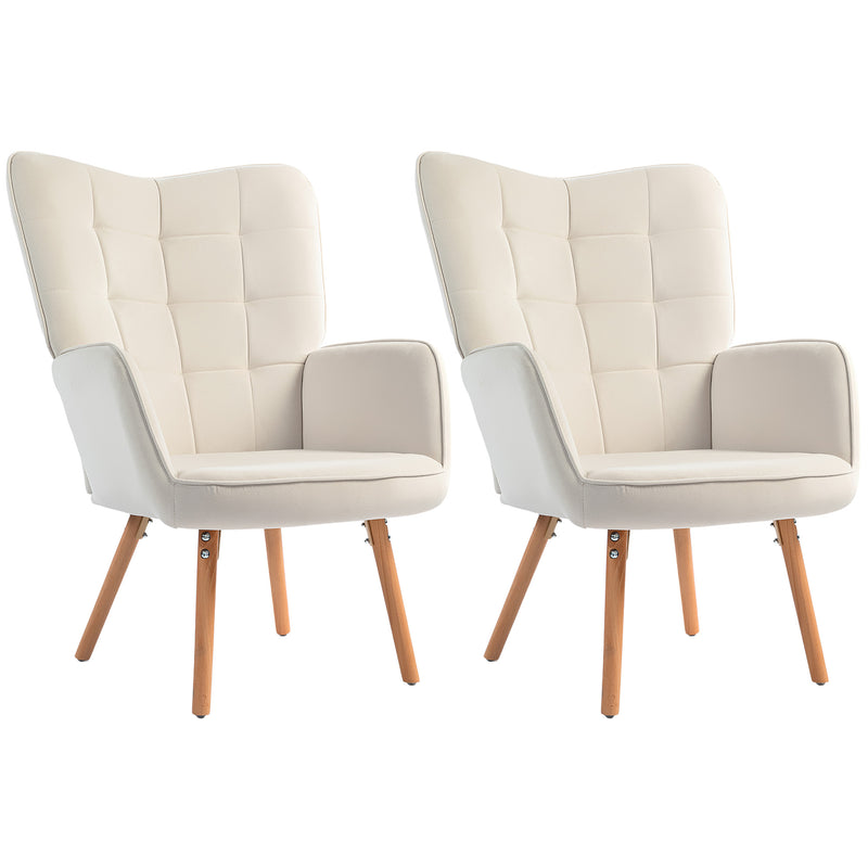 Set of 2 Velvet Wingback Armchairs with Wood Legs for Lounge or Living Room Cream White AOSOM