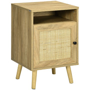 Rattan Bedside Table with Shelf and Cupboard for Bedroom Storage Natural