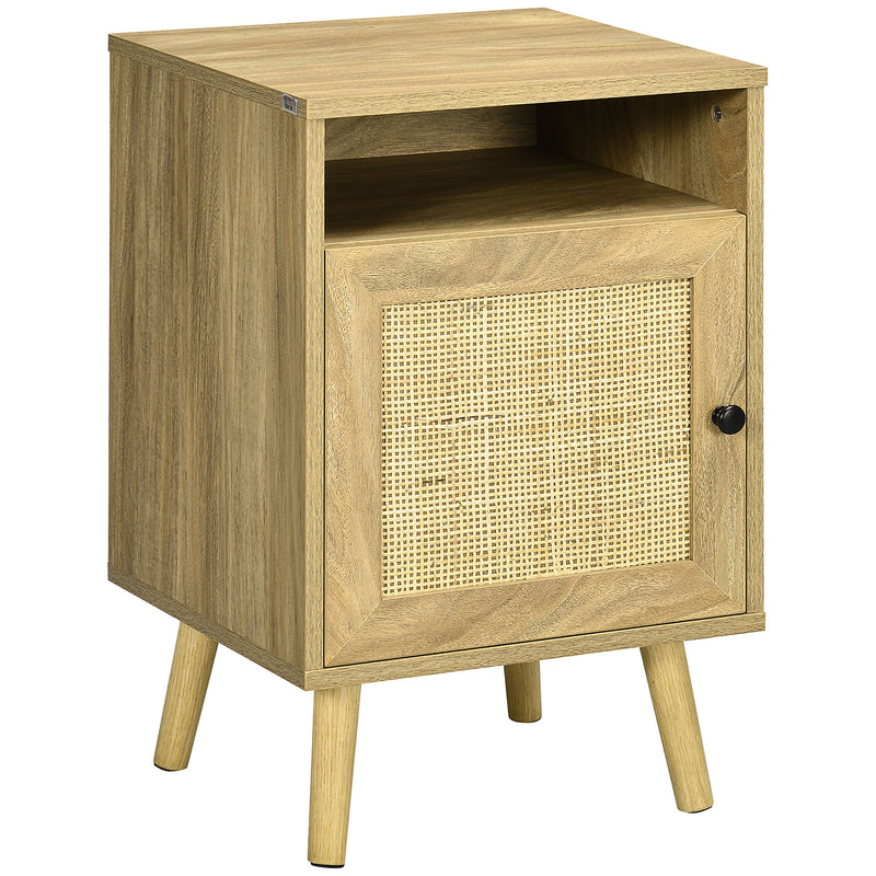 Rattan Bedside Table with Shelf and Cupboard for Bedroom Storage Natural