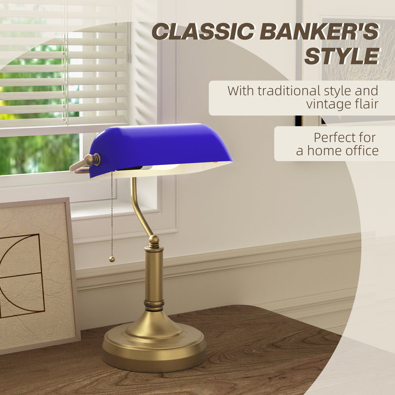 Antique Style Bankers Desk Lamp with Glass Shade Ideal for Home Office Lighting, Blue