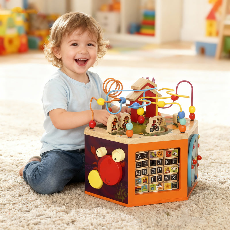 8 in 1 Wooden Activity Cube with Bead Maze and Shape Sorter for Toddlers 18 Months+ Natural AOSOM