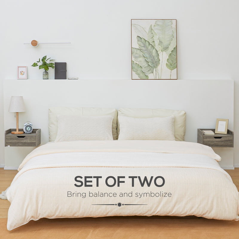 Set of 2 Wall Mounted Bedside Tables With Storage Drawer Space Saving Design Grey