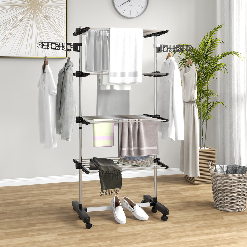 Black Four Shelf Collapsible Clothes Airer With Side Arms and Wheels by HOMCOM