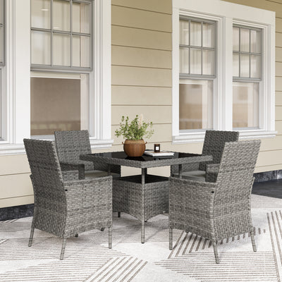 Grey 4 Seater Rattan Patio Dining Set With Cushions and Glass Table by Outsunny