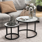 Set of 2 Round Nesting Coffee Tables with Marble Effect Glass and Steel Frame White by HOMCOM