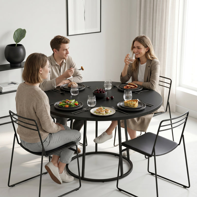 Round Dining Table for 4 to 6 People Compact Easy Clean Design Black
