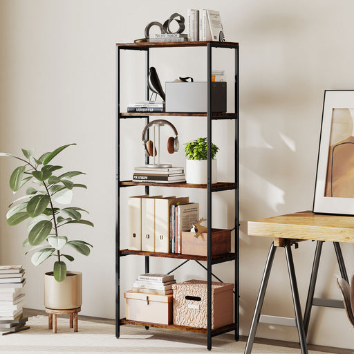 5 Tier Industrial Bookcase With Metal Frame For Home Or Office Storage Rustic Brown And Black