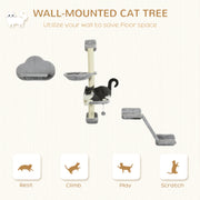 Wall Mounted Cat Shelves Set with Hammock Ladder Platforms and Scratching Post Grey