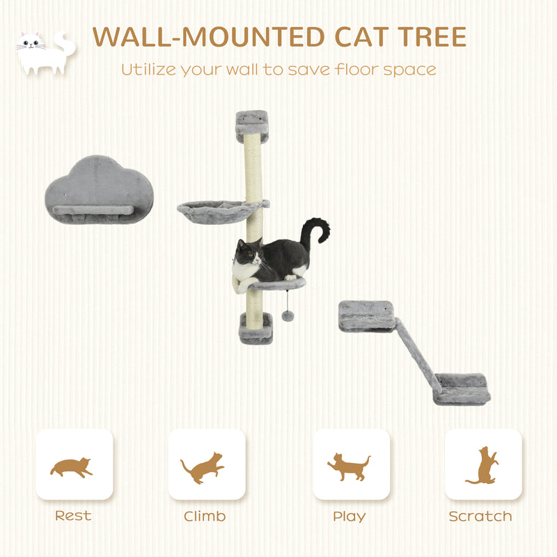 Wall Mounted Cat Shelves Set with Hammock Ladder Platforms and Scratching Post Grey