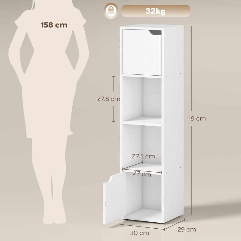Slim Bookcase with Shelves and Cabinets for Small Spaces White