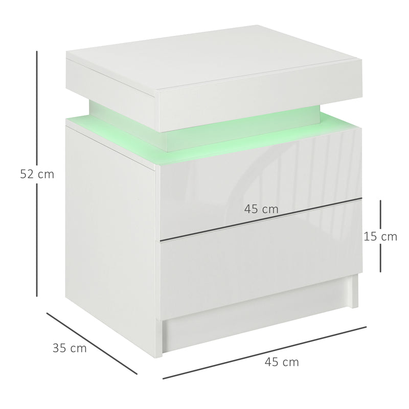 LED Bedside Table with White High Gloss Front and 2 Drawers for Bedroom or Lounge