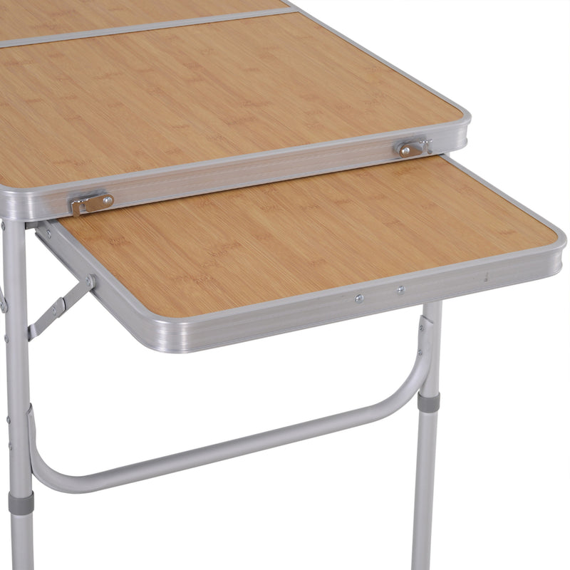 Folding Camping Table with Adjustable Height and Pull Out Side Table for Outdoor Dining Bamboo