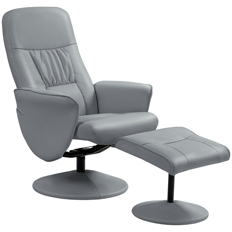 Swivel Recliner Chair with Footstool High Back PU Leather Armchair for Living Room Light Grey