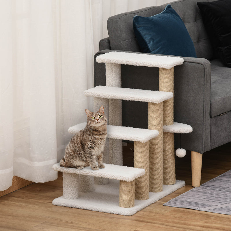 4 Step Cat Climbing Ladder With Scratching Posts Toy Ball And Platforms For Indoor Use White