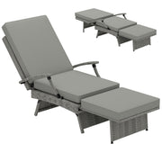 Grey Wicker Reclining Sun Lounger With Cushion for Garden, Pool, and Patio by Outsunny