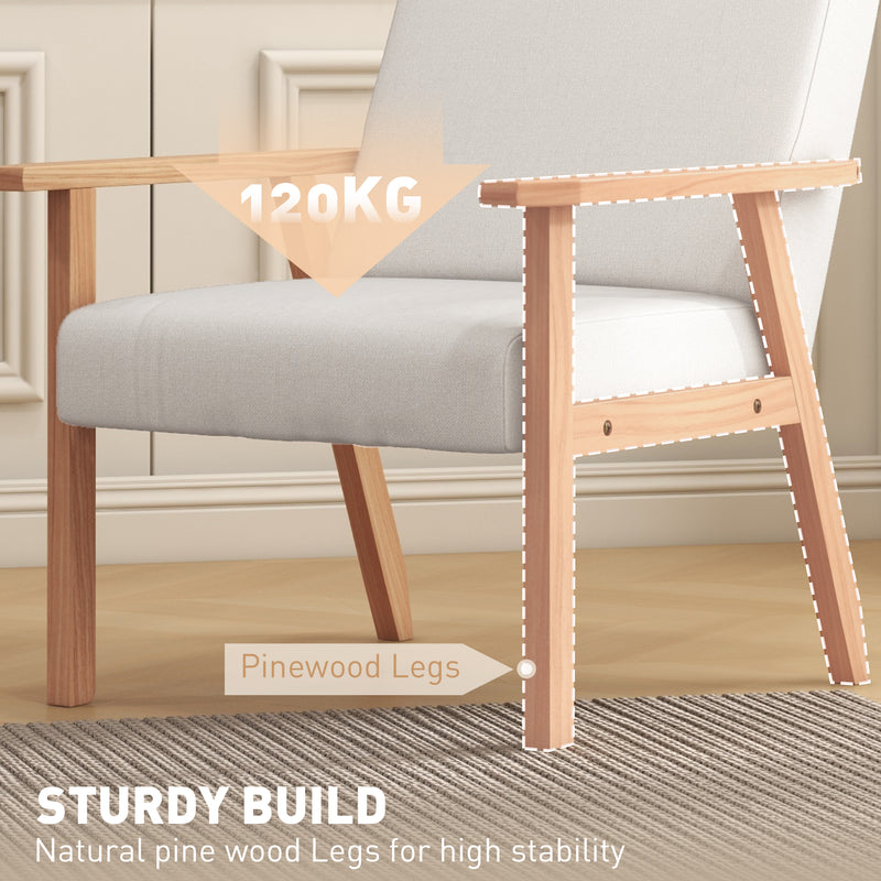 Accent Armchair with Wide Wooden Frame and Thick Linen Seat for Home or Office Cream White