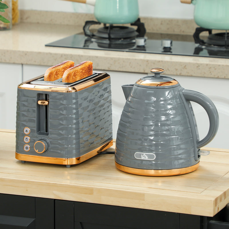 Grey 3000W 1.7L Rapid Boil Kettle and 2 Slice Toaster Set with 7 Browning Levels and Crumb Tray