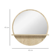 Round Wall Mirror with Built In Shelf for Bathroom or Hallway Display Natural Wood Effect