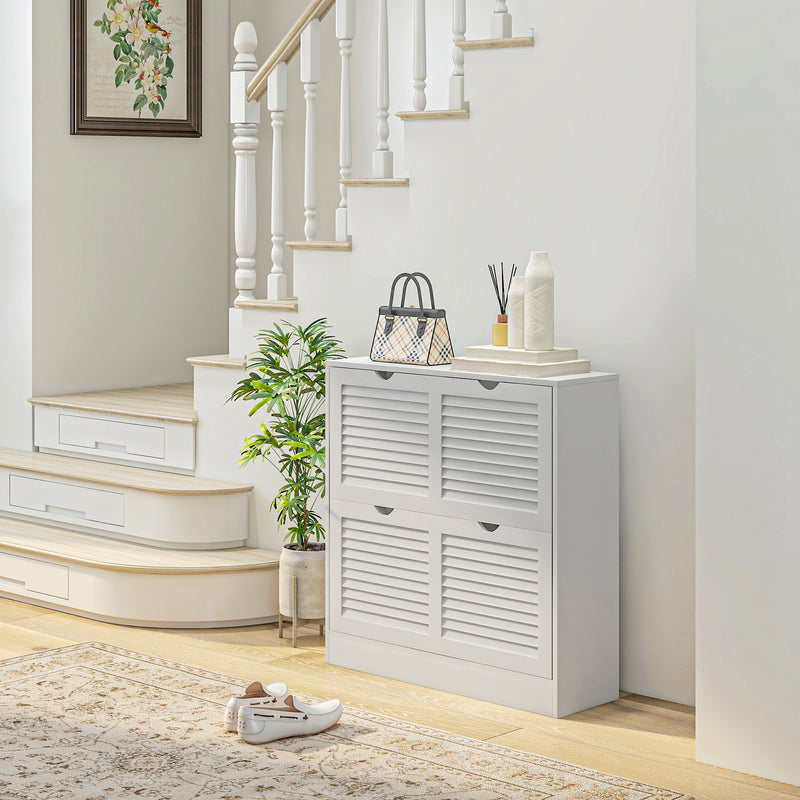 White Narrow Shoe Cabinet with 2 Flip Drawers and Adjustable Shelves for 16 Pairs by HOMCOM