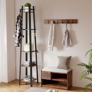 Industrial Coat Stand with 8 Hooks and 4 Storage Shelves for Hallway Organisation, Rustic Brown