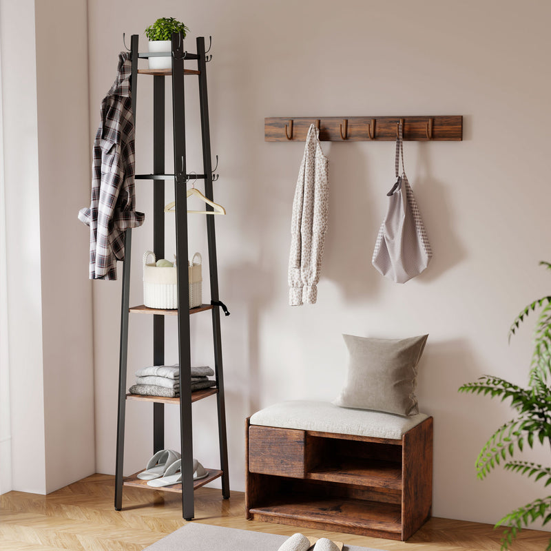 Industrial Coat Stand with 8 Hooks and 4 Storage Shelves for Hallway Organisation, Rustic Brown