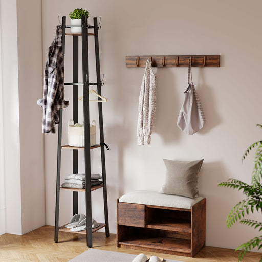 Industrial Coat Stand with 8 Hooks and 4 Storage Shelves for Hallway Organisation, Rustic Brown
