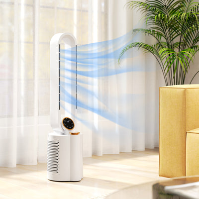 White Bladeless Tower Fan with Humidifier and Multi Modes for Home Cooling