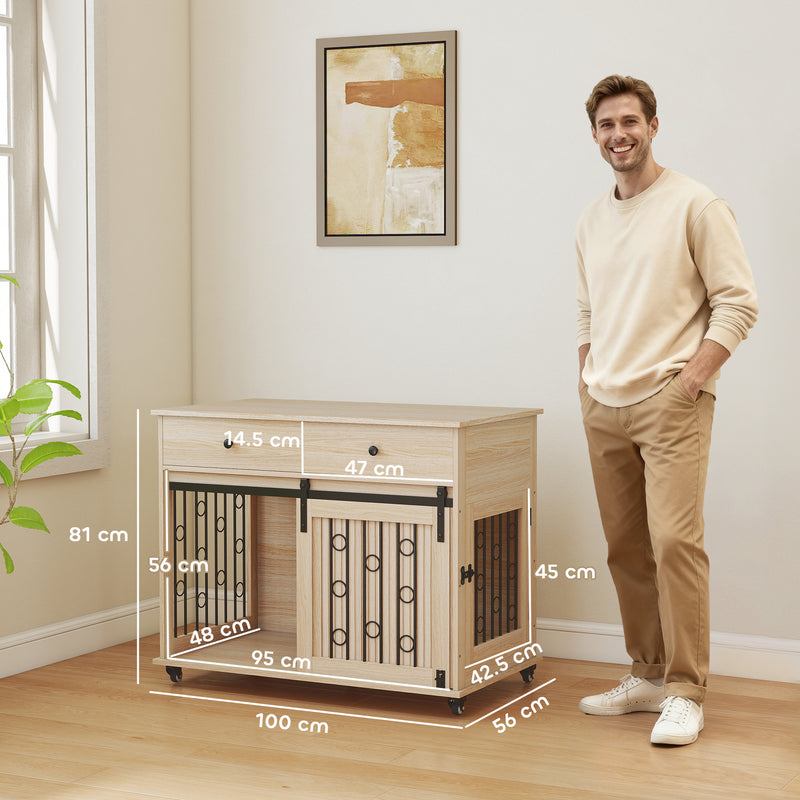 Dog Crate Furniture With Sliding Door and Storage Drawers on Wheels for Medium Large Dogs Oak