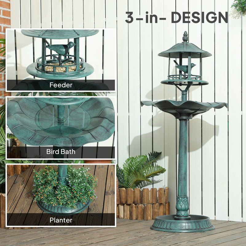 Outsunny 3-in-1 Garden Bird Bath, Freestanding Birdbath with Large Water Basin, Underneath Flower Planter, Φ50 x 113 cm, Green AOSOM