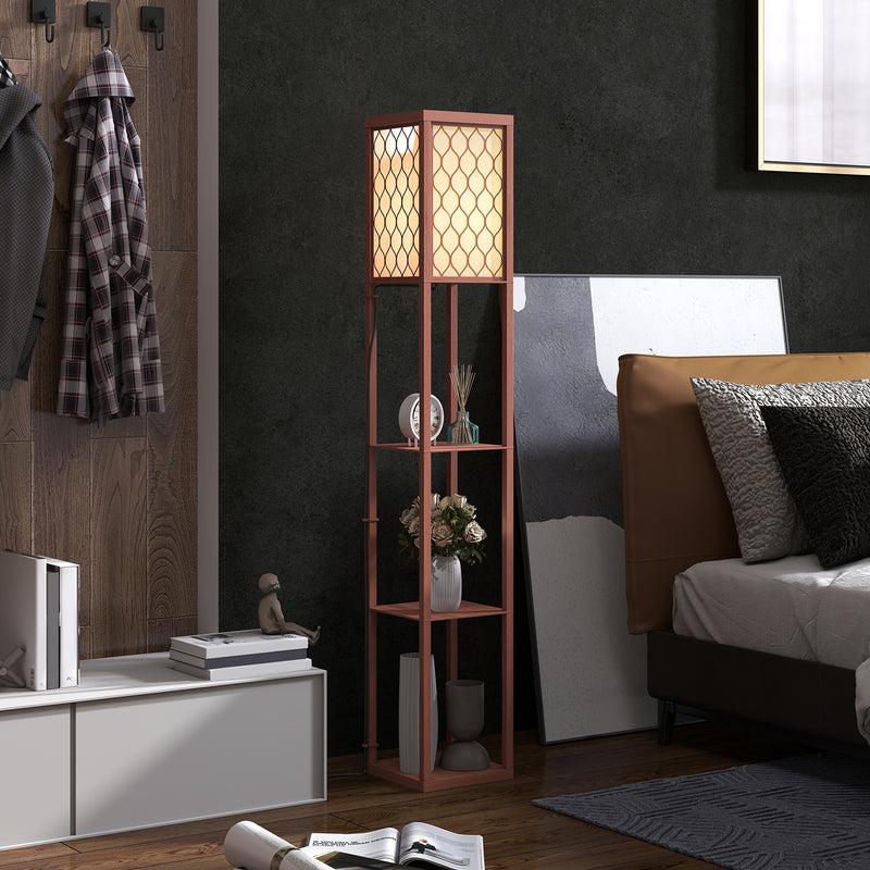 Brown Standing Floor Lamp With Three Shelves and White Fabric Shade for Living Room