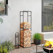 Heavy Duty Metal Firewood Log Rack With Adjustable Shelf For Indoor Outdoor Use Black