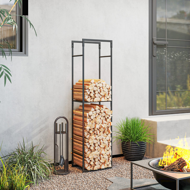 Heavy Duty Metal Firewood Log Rack With Adjustable Shelf For Indoor Outdoor Use Black