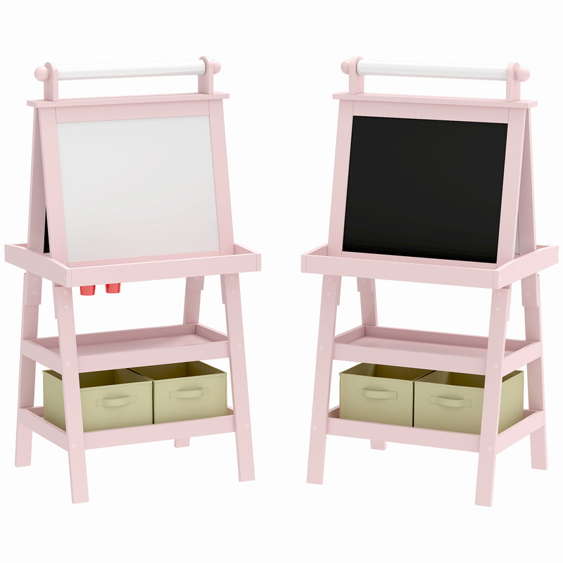 3 in 1 Kids Easel with Magnetic Whiteboard Chalkboard Paper Roll and Storage Baskets, Pink