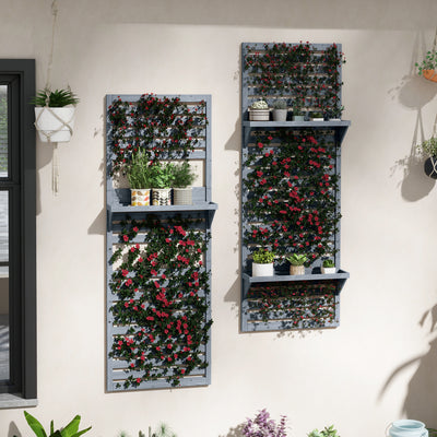 Wall Mounted Fir Wood Plant Stands Set of 2 With Trellis and Shelves for Outdoors