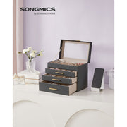 Grey and Gold Jewellery Box with Glass Lid Organiser for Accessories by Songmics