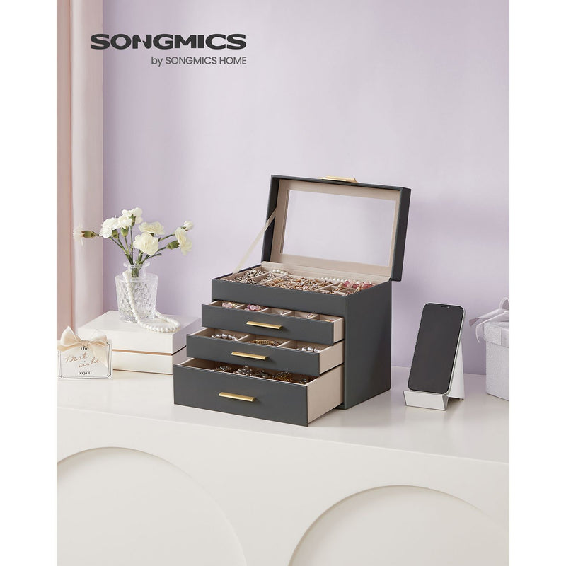 Grey and Gold Jewellery Box with Glass Lid Organiser for Accessories by Songmics