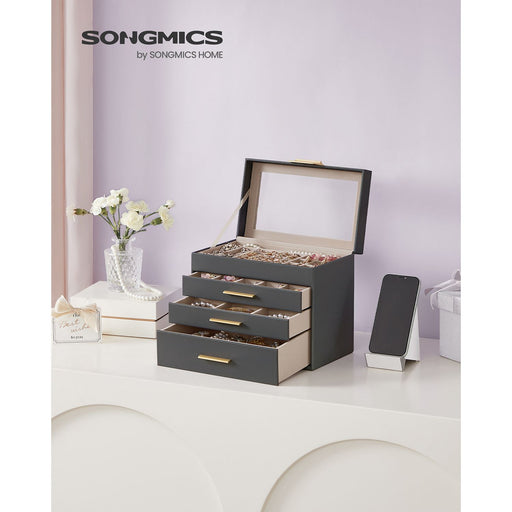 Grey and Gold Jewellery Box with Glass Lid Organiser for Accessories by Songmics